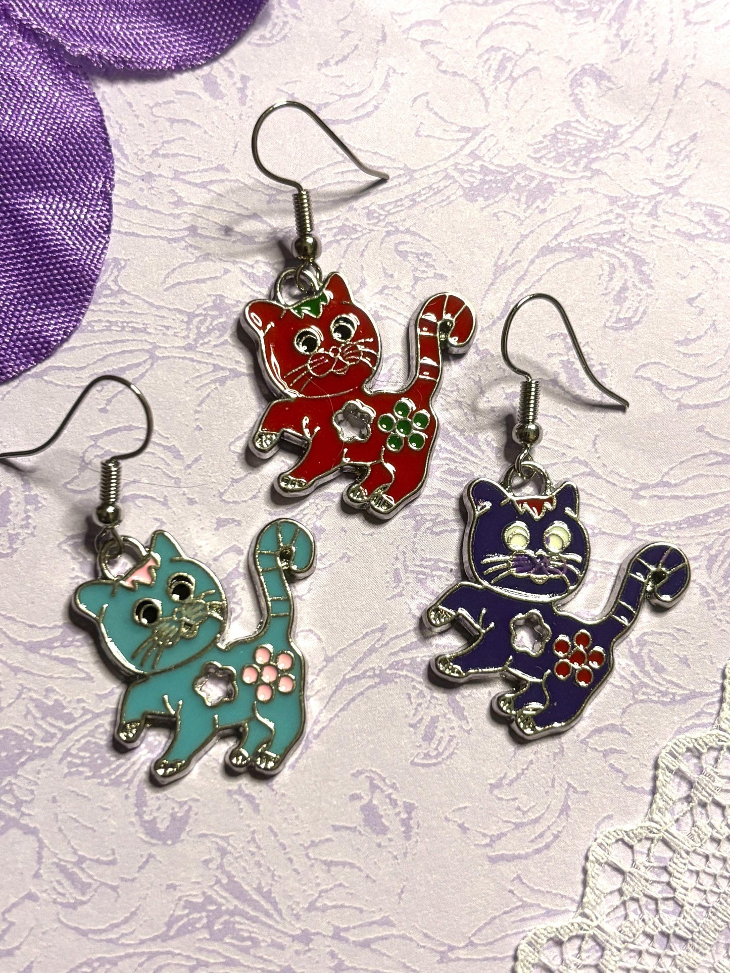 Funny Cat Earrings Enamel Cat Jewelry Silver Plated Lightweight Hypoallergenic Hooks Humorous Gift for Cat Lovers in Bold Fun Colors