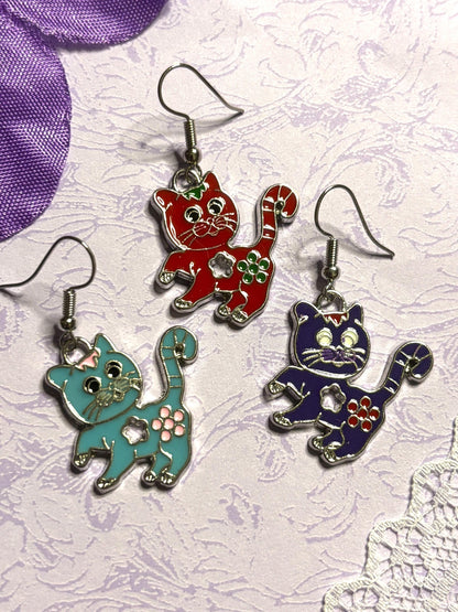 Funny Cat Earrings Enamel Cat Jewelry Silver Plated Lightweight Hypoallergenic Hooks Humorous Gift for Cat Lovers in Bold Fun Colors