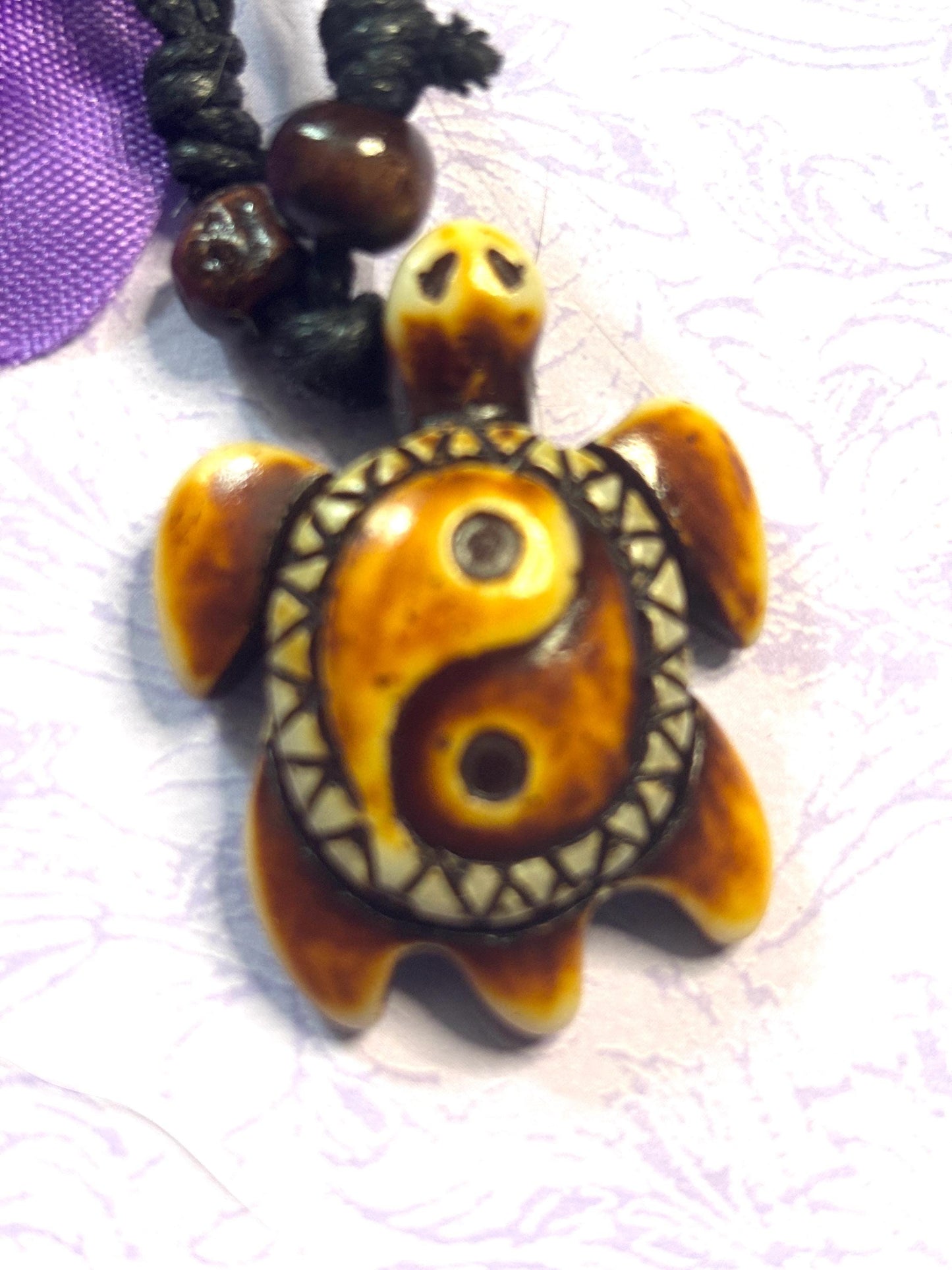 Faux Ivory Turtle Pendant Necklace Adjustable Leather Cord Tribal Style Animal Jewelry Yin Yang Turtle Charm Boho Nature Lover Gift