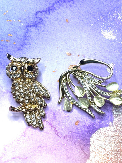 Rhinestone Owl and Swan Broaches Pins Sparkling Animal Jewelry Elegant Gem Accented Broach Cute Owl and Swan Pins for Women