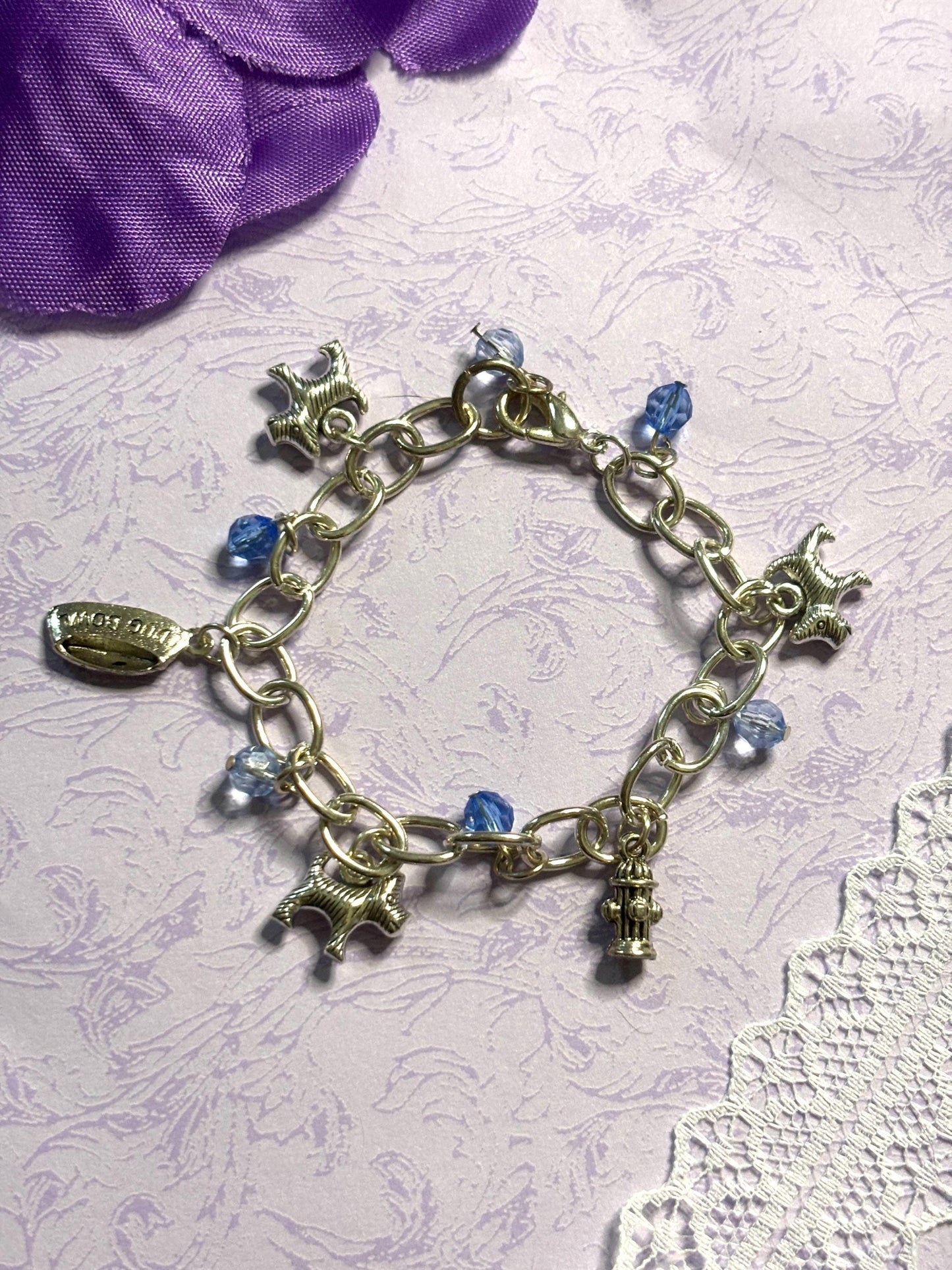Silver Yorkie Charm Bracelet Dog Lover Jewelry with 3D Yorkie Charms Fire Hydrant Dog Bowl and Blue Beads on Silver Plated Chain