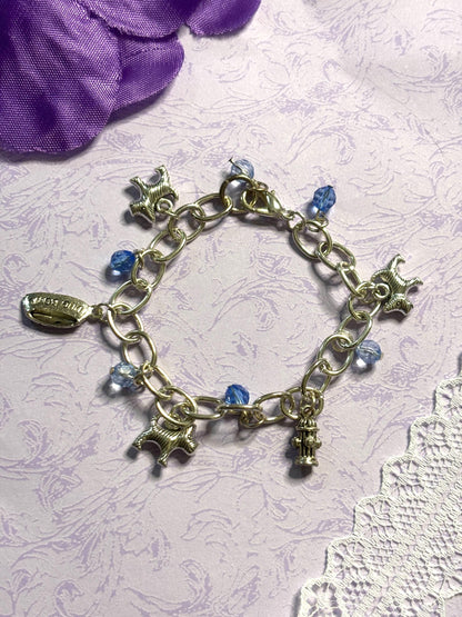 Silver Yorkie Charm Bracelet Dog Lover Jewelry with 3D Yorkie Charms Fire Hydrant Dog Bowl and Blue Beads on Silver Plated Chain