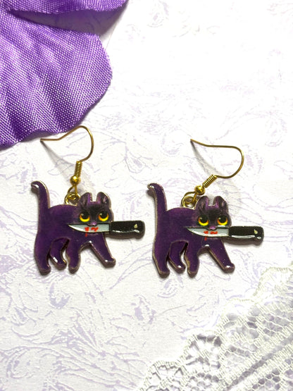 Murder Cat Earrings Funny Cat Jewelry Enamel Cat Earrings with Gold Plating Lightweight Hypoallergenic Hooks Gift for Cat Lovers