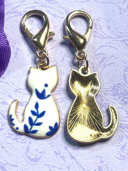Floral Cat Purse Charm Bag Charm Bookbag Charm Zipper Pull Gold Cat Clip Cute Cat Lover Gift Calico Tabby Floral Cat Accessory