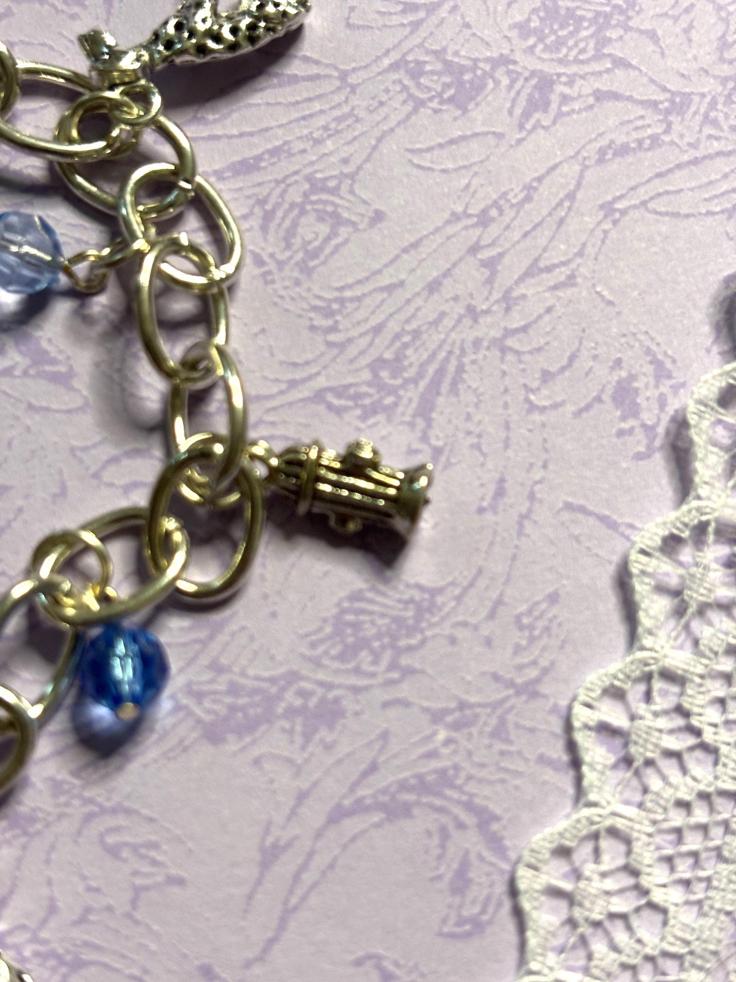 Silver Dalmatian Charm Bracelet Dog Lover Jewelry with 3D Charms Fire Hydrant Dog Bowl and Blue Beads on Silver Plated Chain