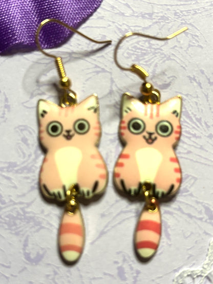 Dangly Tail Cat Earrings Enamel Cat Jewelry with Gold Plating Lightweight Hypoallergenic Hooks Cute Cat Lover Gift in Multiple Colors