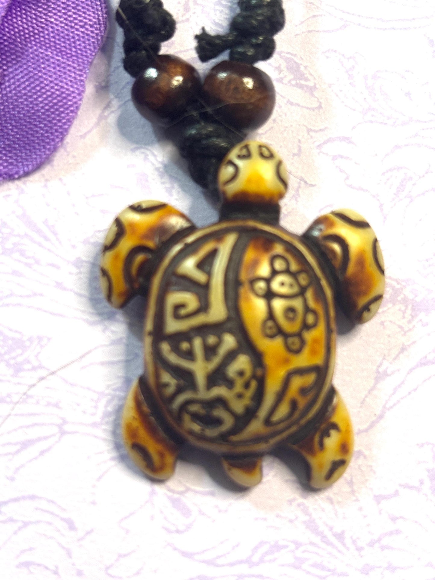 Faux Ivory Turtle Pendant Necklace Adjustable Leather Cord Tribal Style Animal Jewelry Yin Yang Turtle Charm Boho Nature Lover Gift