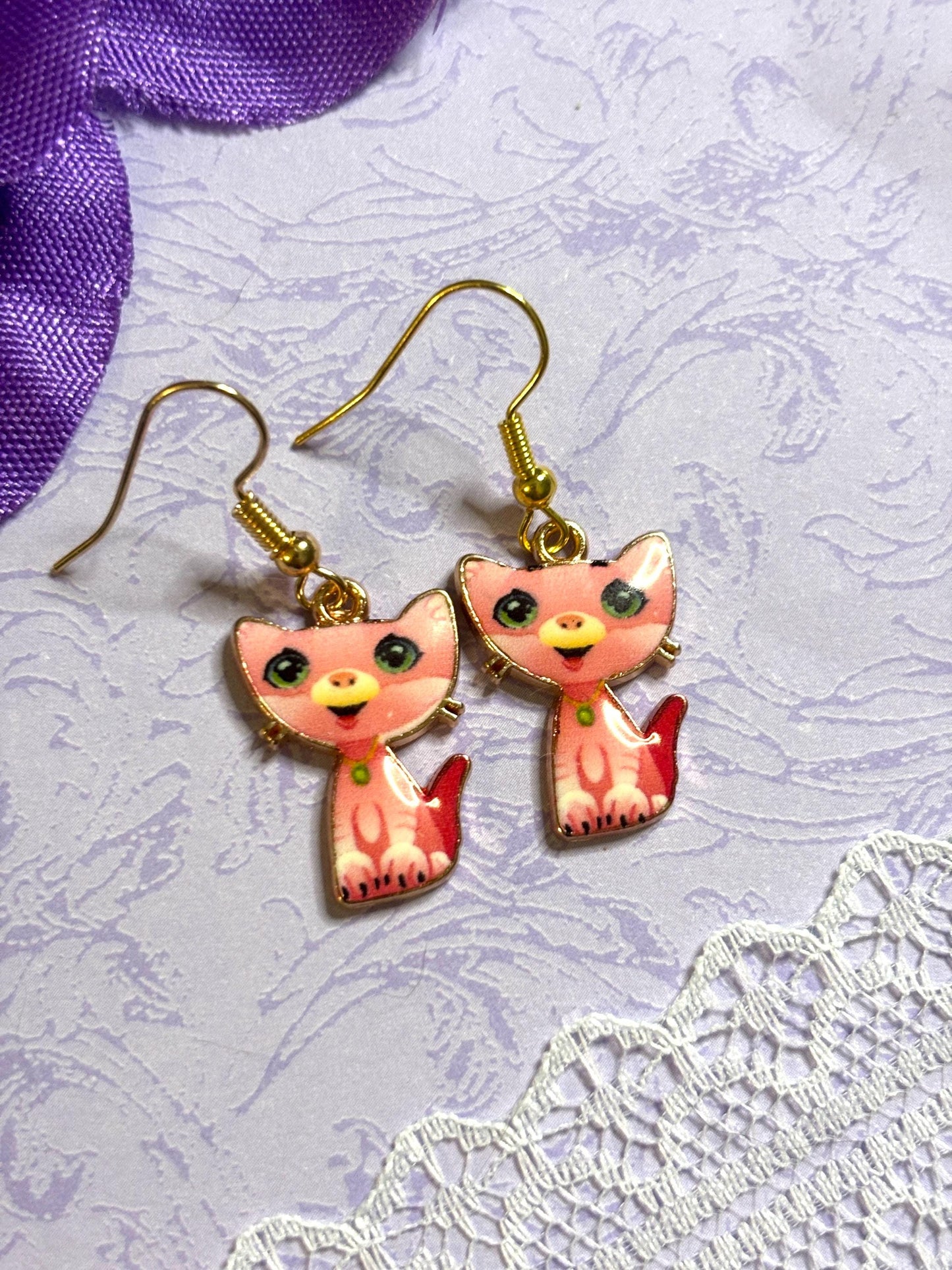 Small Sweet Cat Earrings Enamel Cat Jewelry Gold Plated Lightweight Hypoallergenic Hooks Cute Petite Gift for Cat Lovers in Soft Colors