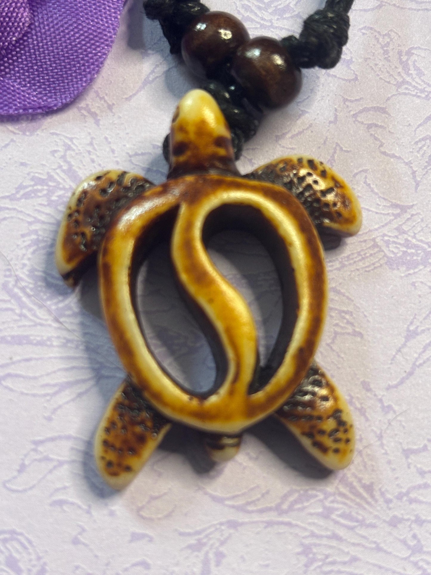 Faux Ivory Turtle Pendant Necklace Adjustable Leather Cord Tribal Style Animal Jewelry Yin Yang Turtle Charm Boho Nature Lover Gift
