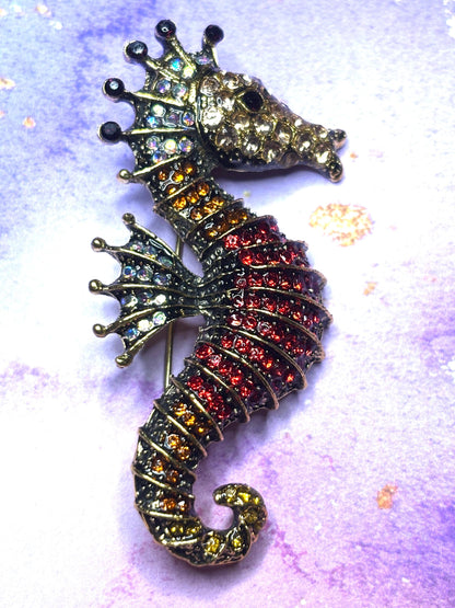 Rhinestone Sea Horse Broaches Pins Sparkling Ocean Jewelry Red Green and Blue Gem Seahorse Broach Colorful Sea Life Pins for Women
