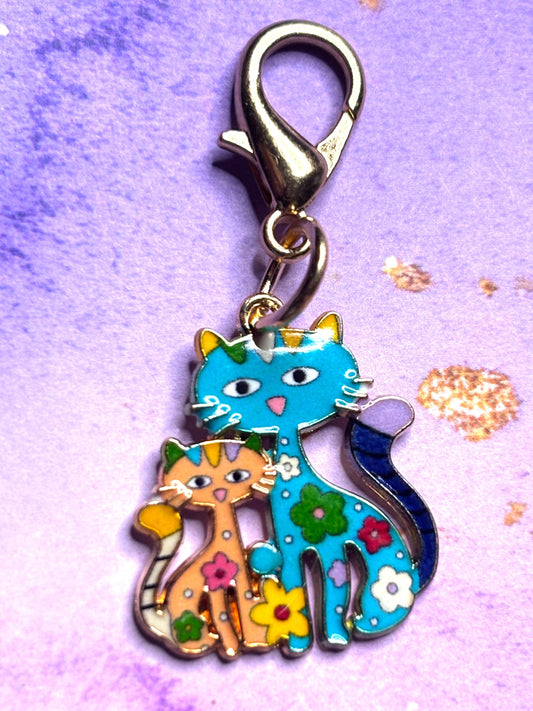 Two Cat Purse Charm Enamel Cat Bag Charm Double Cat Keychain Zipper Pull Colorful Cat Gift Silver Lobster Clasp Feline Gift for Her