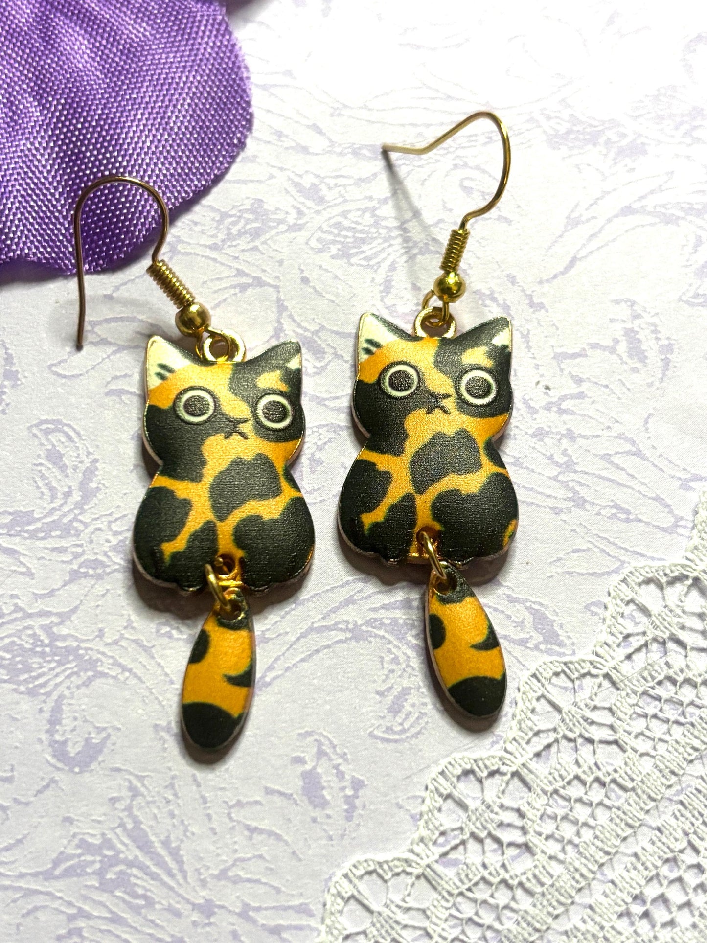 Dangly Tail Cat Earrings Enamel Cat Jewelry with Gold Plating Lightweight Hypoallergenic Hooks Cute Cat Lover Gift in Multiple Colors