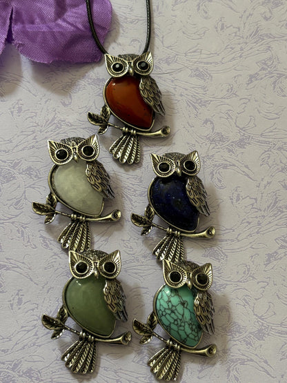 Statement Stone and Silver Owl Pendants Natural Gemstone Necklace with Leather Cord Silver Plated Accents Unique Gift for Owl Lovers