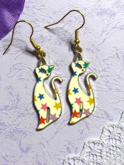 Elegant Cat Earrings Enamel Cat Jewelry Gold Plated Lightweight Hypoallergenic Hooks Stylish Cat Lover Gift in Floral and Colorful Designs