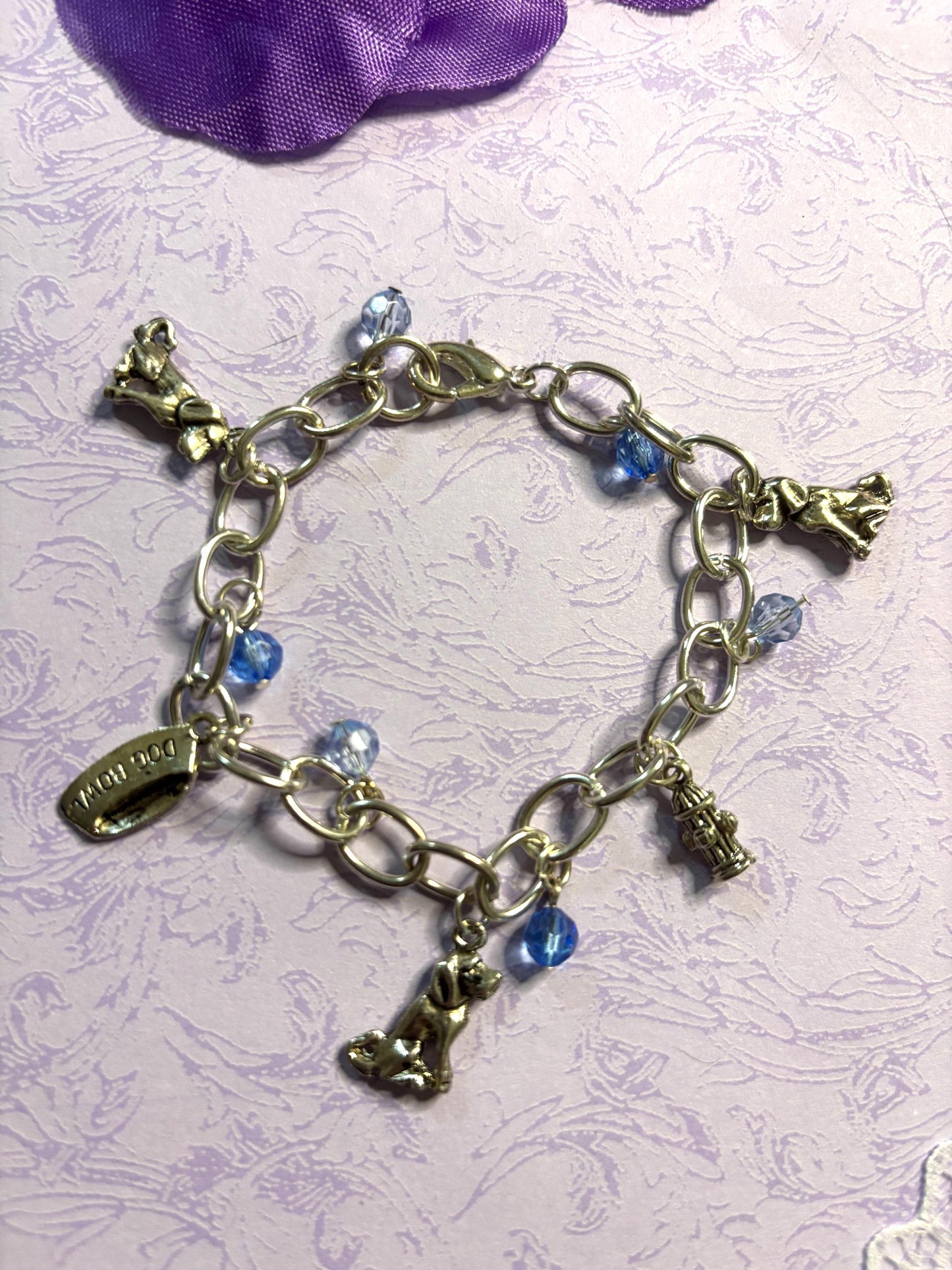 Silver Labrador Retriever Charm Bracelet Dog Lover Jewelry with 3D Lab Charms Fire Hydrant Dog Bowl and Blue Beads on Silver Chain