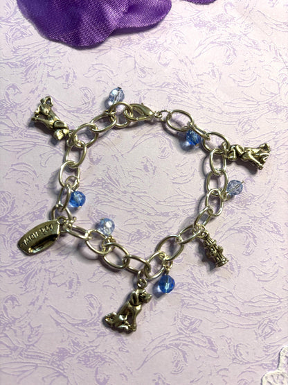 Silver Labrador Retriever Charm Bracelet Dog Lover Jewelry with 3D Lab Charms Fire Hydrant Dog Bowl and Blue Beads on Silver Chain