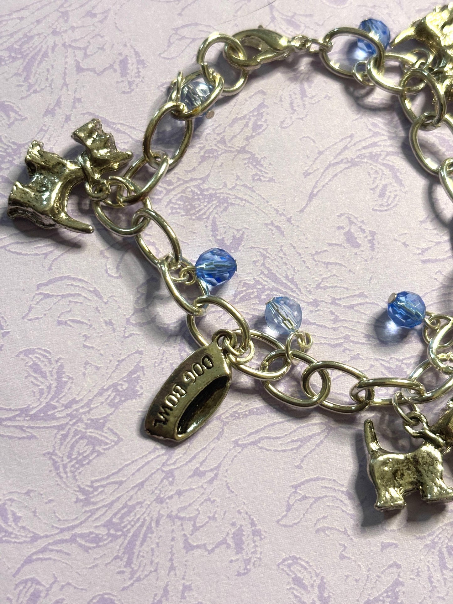 Silver Scottish Terrier Charm Bracelet Dog Lover Jewelry with 3D Scottie Charms Fire Hydrant Dog Bowl and Blue Beads on Silver Chain