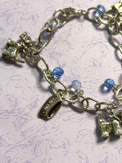 Silver Scottish Terrier Charm Bracelet Dog Lover Jewelry with 3D Scottie Charms Fire Hydrant Dog Bowl and Blue Beads on Silver Chain