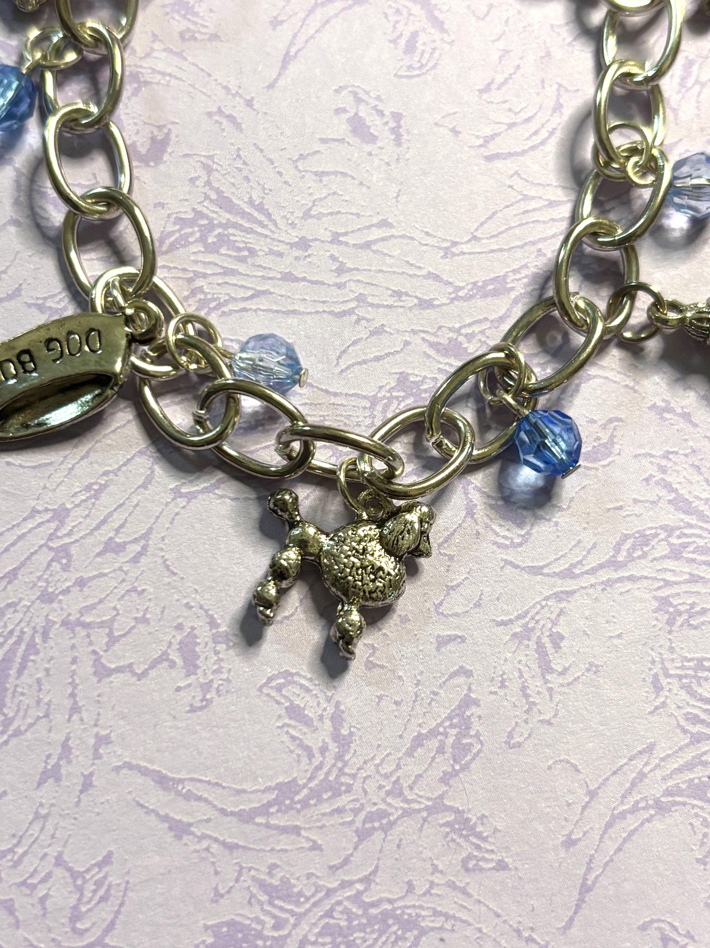Silver Poodle Charm Bracelet Dog Lover Jewelry with 3D Poodle Charms Fire Hydrant Dog Bowl and Blue Beads on Silver Plated Chain