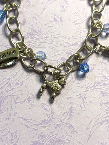 Silver Poodle Charm Bracelet Dog Lover Jewelry with 3D Poodle Charms Fire Hydrant Dog Bowl and Blue Beads on Silver Plated Chain