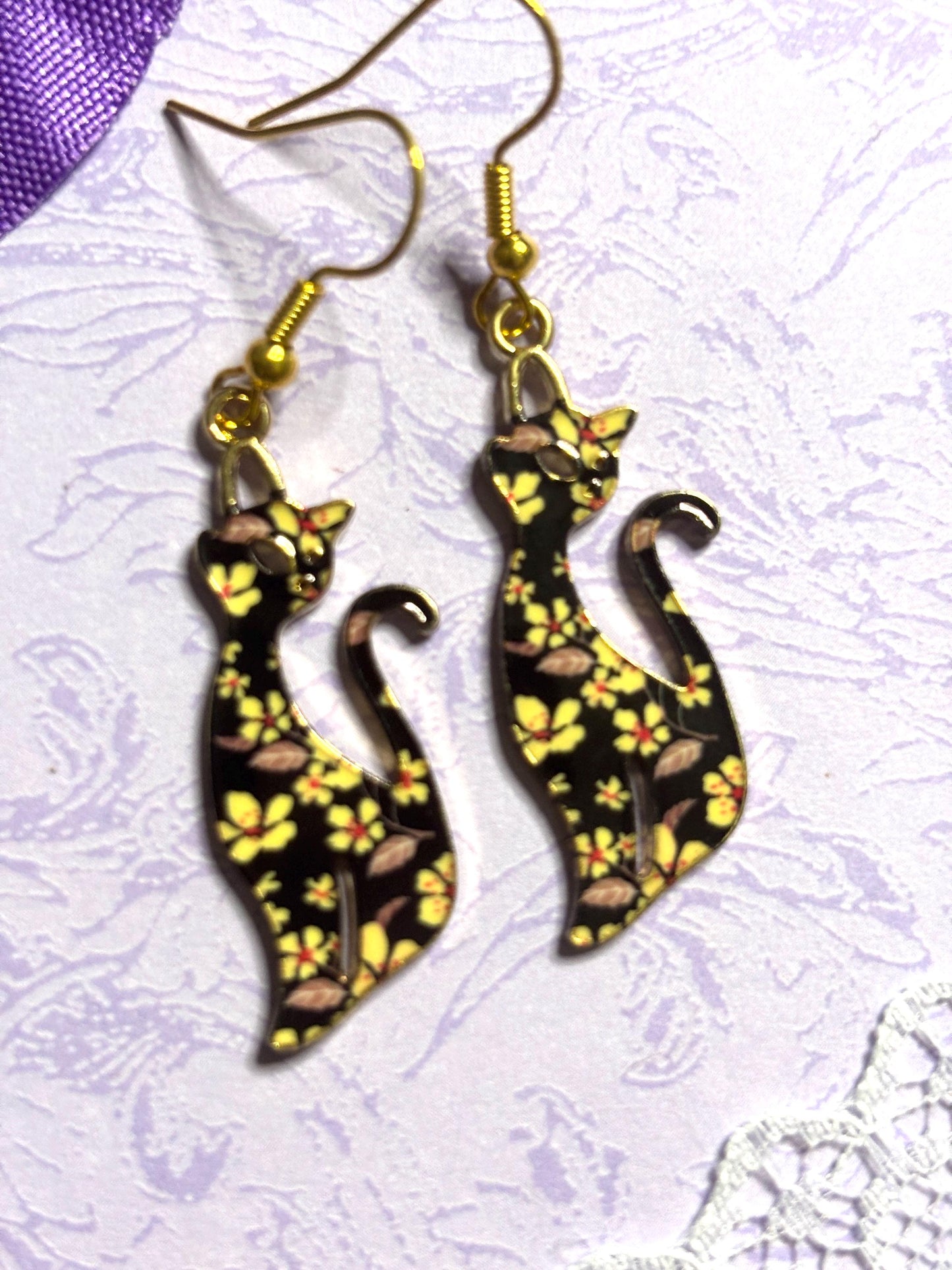 Elegant Cat Earrings Enamel Cat Jewelry Gold Plated Lightweight Hypoallergenic Hooks Stylish Cat Lover Gift in Floral and Colorful Designs