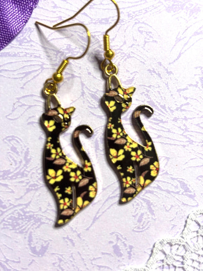 Elegant Cat Earrings Enamel Cat Jewelry Gold Plated Lightweight Hypoallergenic Hooks Stylish Cat Lover Gift in Floral and Colorful Designs