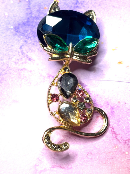 Sparkly Faceted Gem and Rhinestone Cat Broaches Pins Glittering Kitty Jewelry Colorful Gem Cat Broach Cute Feline Pins in 5 Styles
