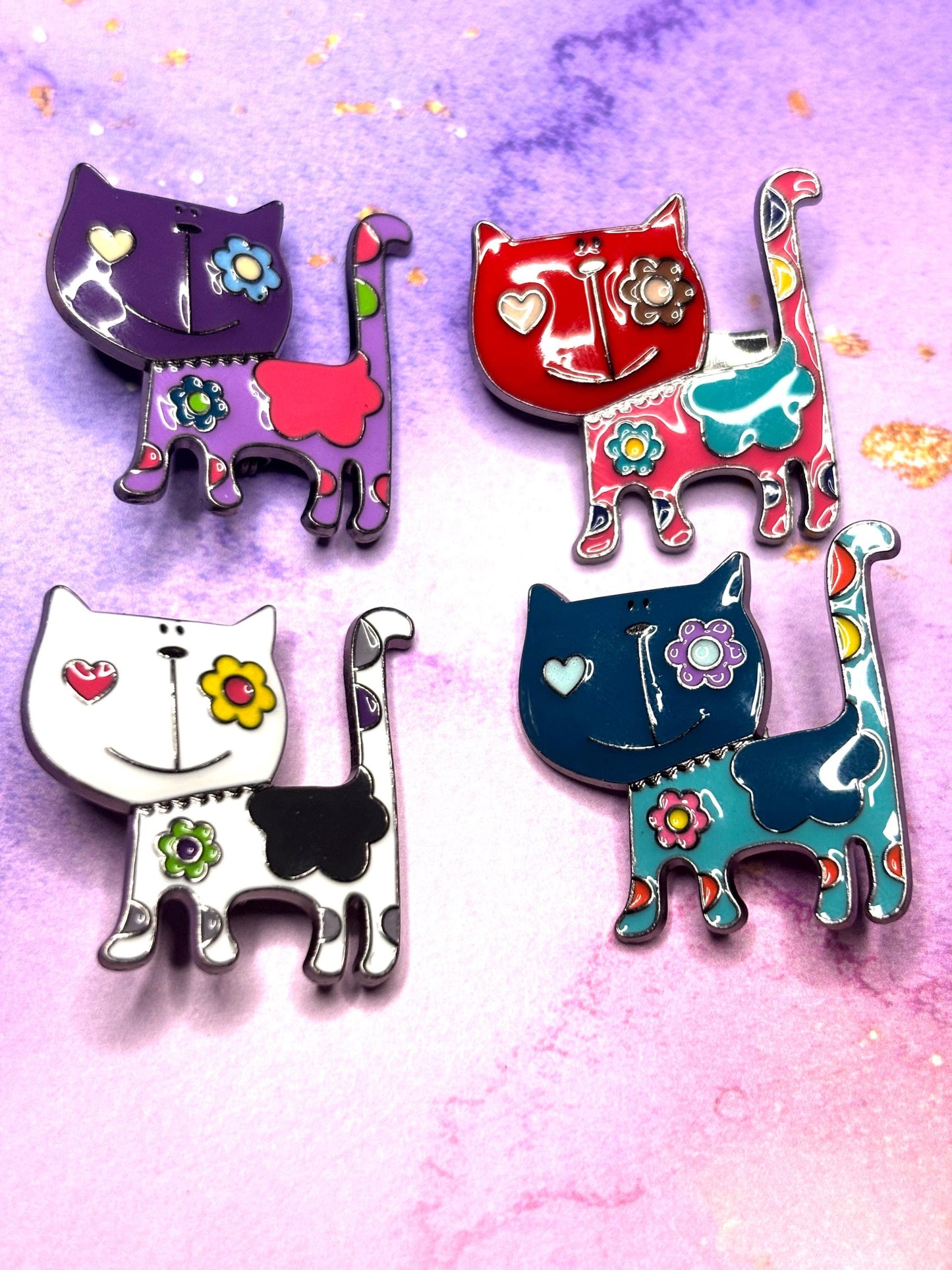 Flower Power Cat Broaches Pins Colorful Baked Enamel Kitty Jewelry Retro Floral Cat Broach Fun Feline Accessories in 4 Bright Options