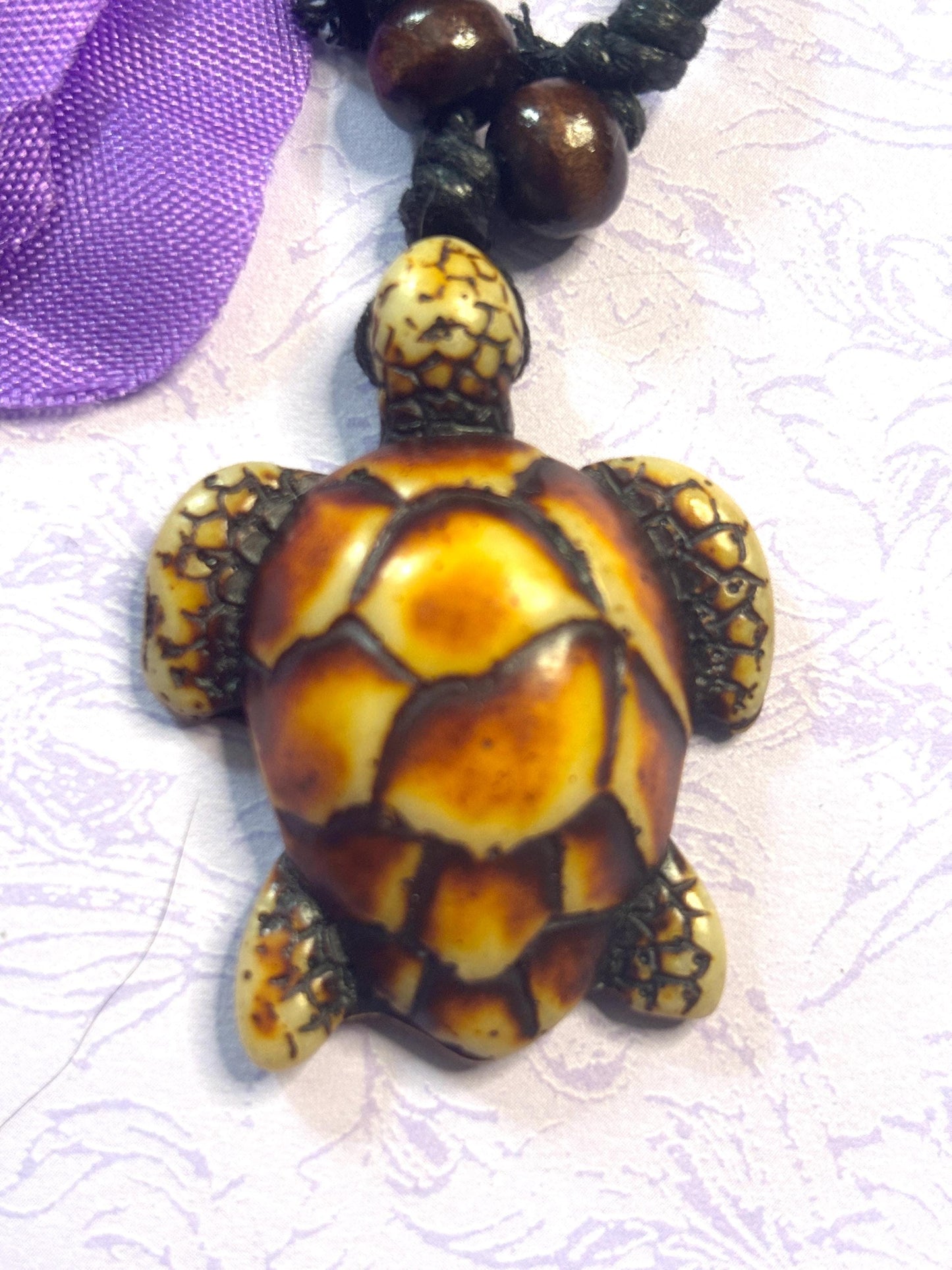Faux Ivory Turtle Pendant Necklace Adjustable Leather Cord Tribal Style Animal Jewelry Yin Yang Turtle Charm Boho Nature Lover Gift
