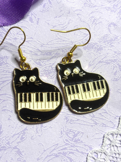 Musical Cat Earrings Enamel Cat Jewelry Gold or Silver Plated Lightweight Hypoallergenic Hooks Music Lover Gift for Cat and Piano Fans