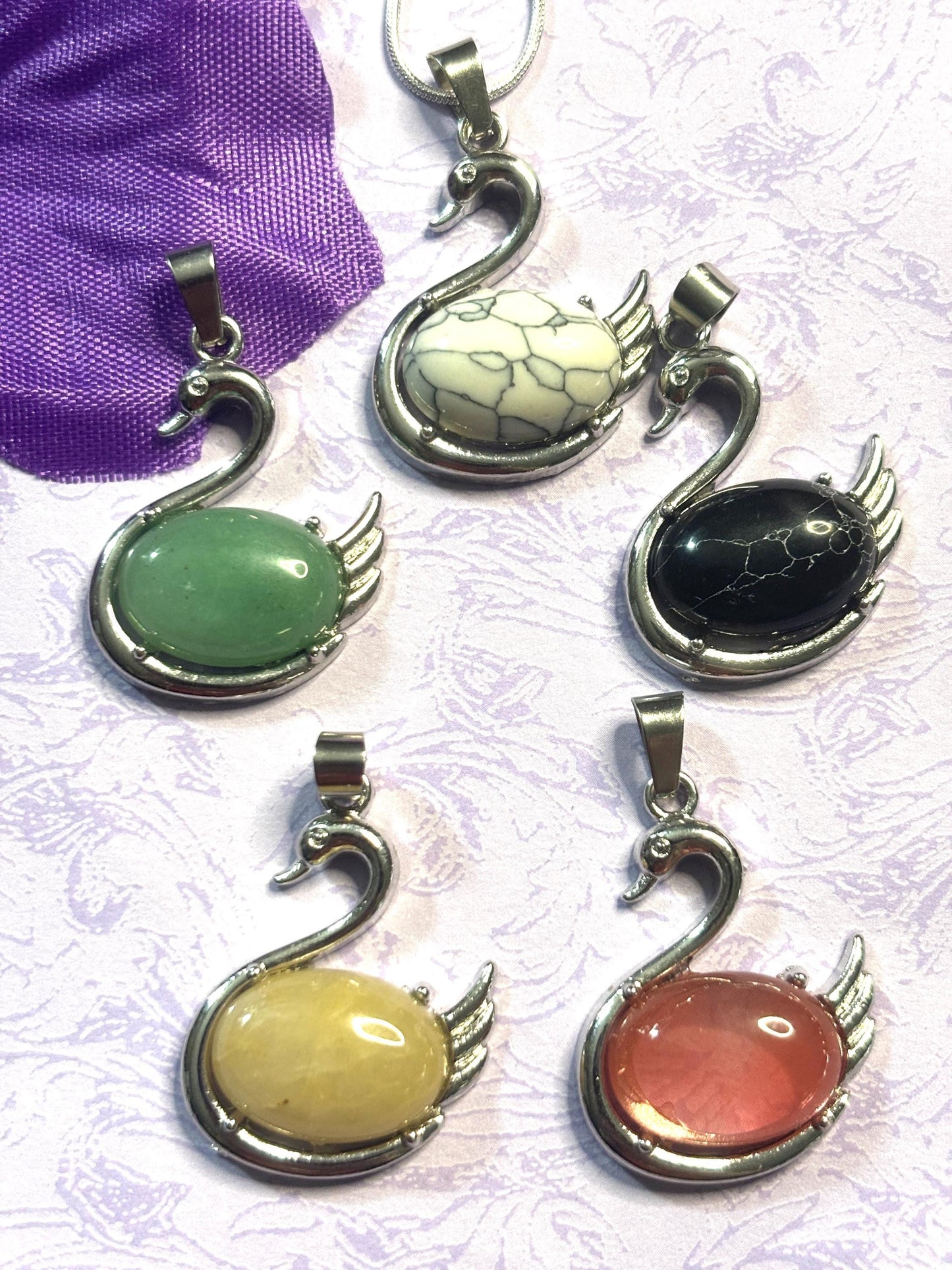 Natural Stone Swan Pendant Necklace Silver Swan Jewelry Real Gemstone Pendant on 925 Silver Chain Elegant Animal Lover Gift for Her