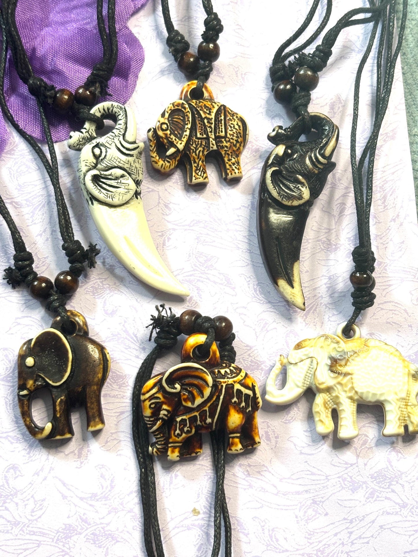 Faux Ivory Elephant Pendant Necklace Adjustable Leather Cord Tribal Style Elephant Jewelry Boho Animal Necklace for Nature Lover Gift