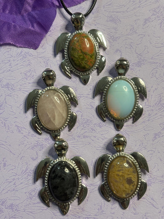 Stone and Silver Turtle Pendants Natural Gemstone Necklace with Black Leather Cord Silver Plated Accents Sea Turtle Gift for Nature Lovers