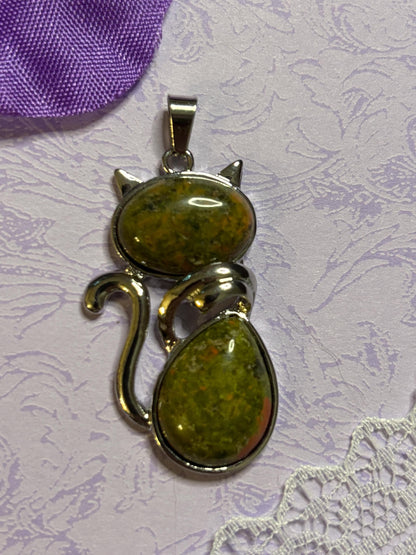Statement Silver Cat Pendant on 18 Inch Black Cord with Cabochon Options Amethyst Moonstone Moss Green Variegated Blue and More