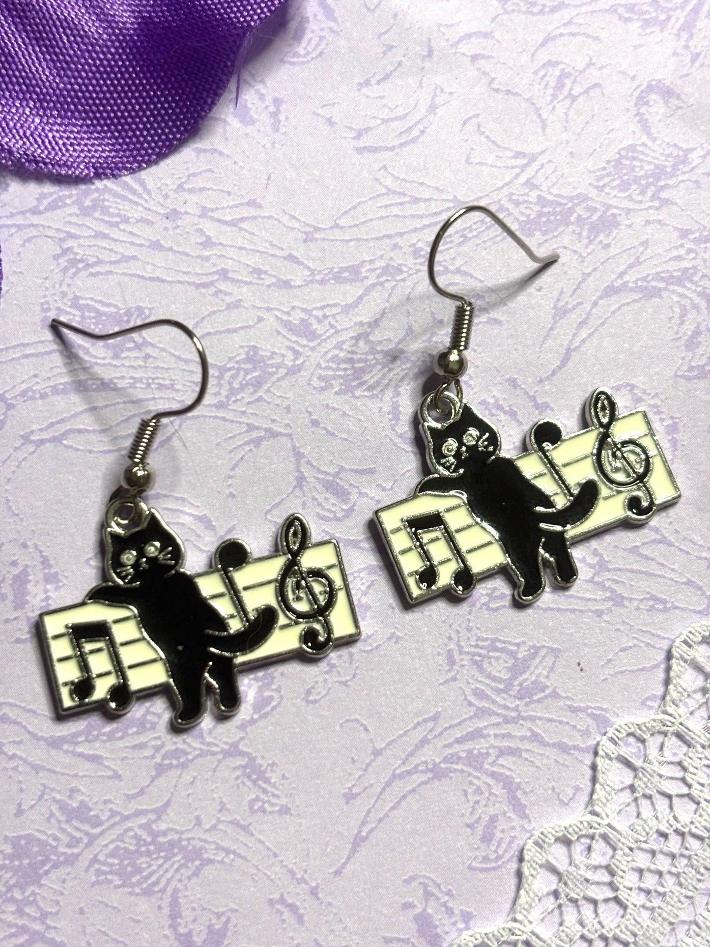 Musical Cat Earrings Enamel Cat Jewelry Gold or Silver Plated Lightweight Hypoallergenic Hooks Music Lover Gift for Cat and Piano Fans