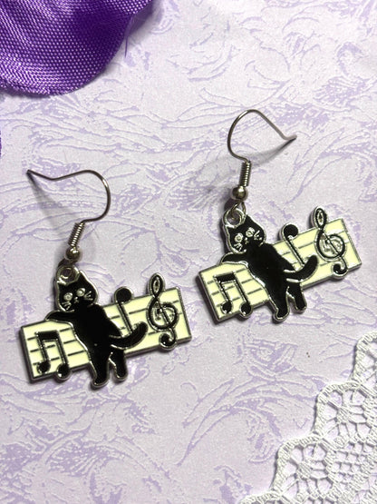Musical Cat Earrings Enamel Cat Jewelry Gold or Silver Plated Lightweight Hypoallergenic Hooks Music Lover Gift for Cat and Piano Fans