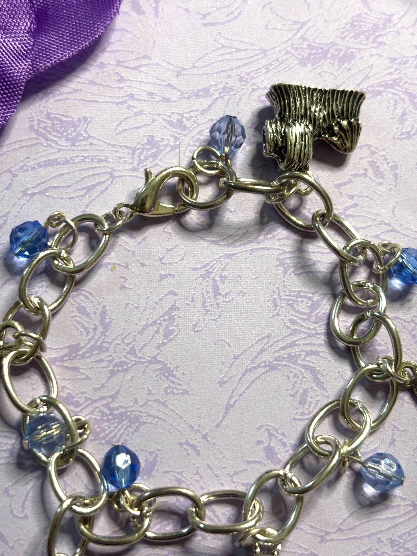Silver Shih Tzu Charm Bracelet Dog Lover Jewelry with 3D Shih Tzu Charms Fire Hydrant Dog Bowl and Blue Beads on Silver Chain