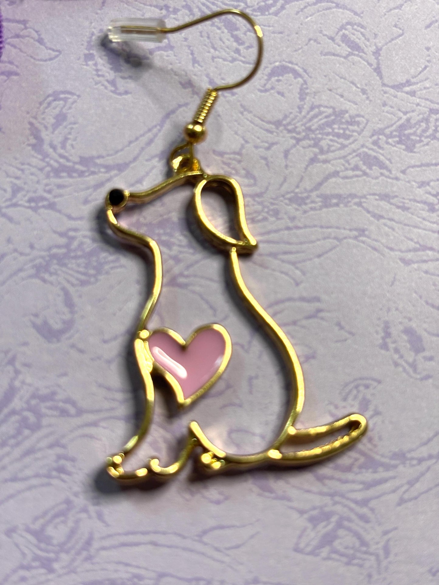 Minimalist Style Dog Earrings with Pink Heart Detail Vivid Enamel Gold Plated Backs and Hypoallergenic Hooks for Pet Lovers