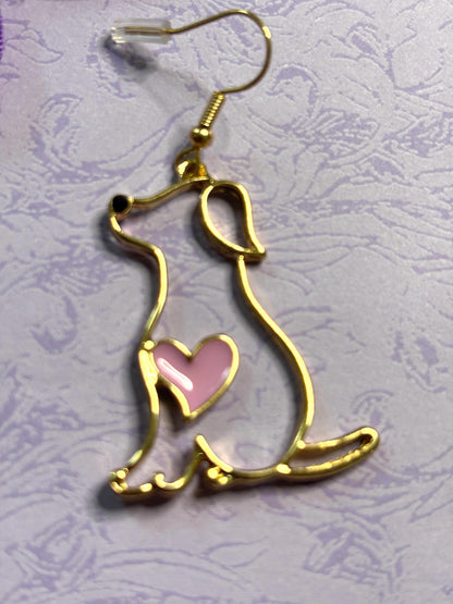 Minimalist Style Dog Earrings with Pink Heart Detail Vivid Enamel Gold Plated Backs and Hypoallergenic Hooks for Pet Lovers