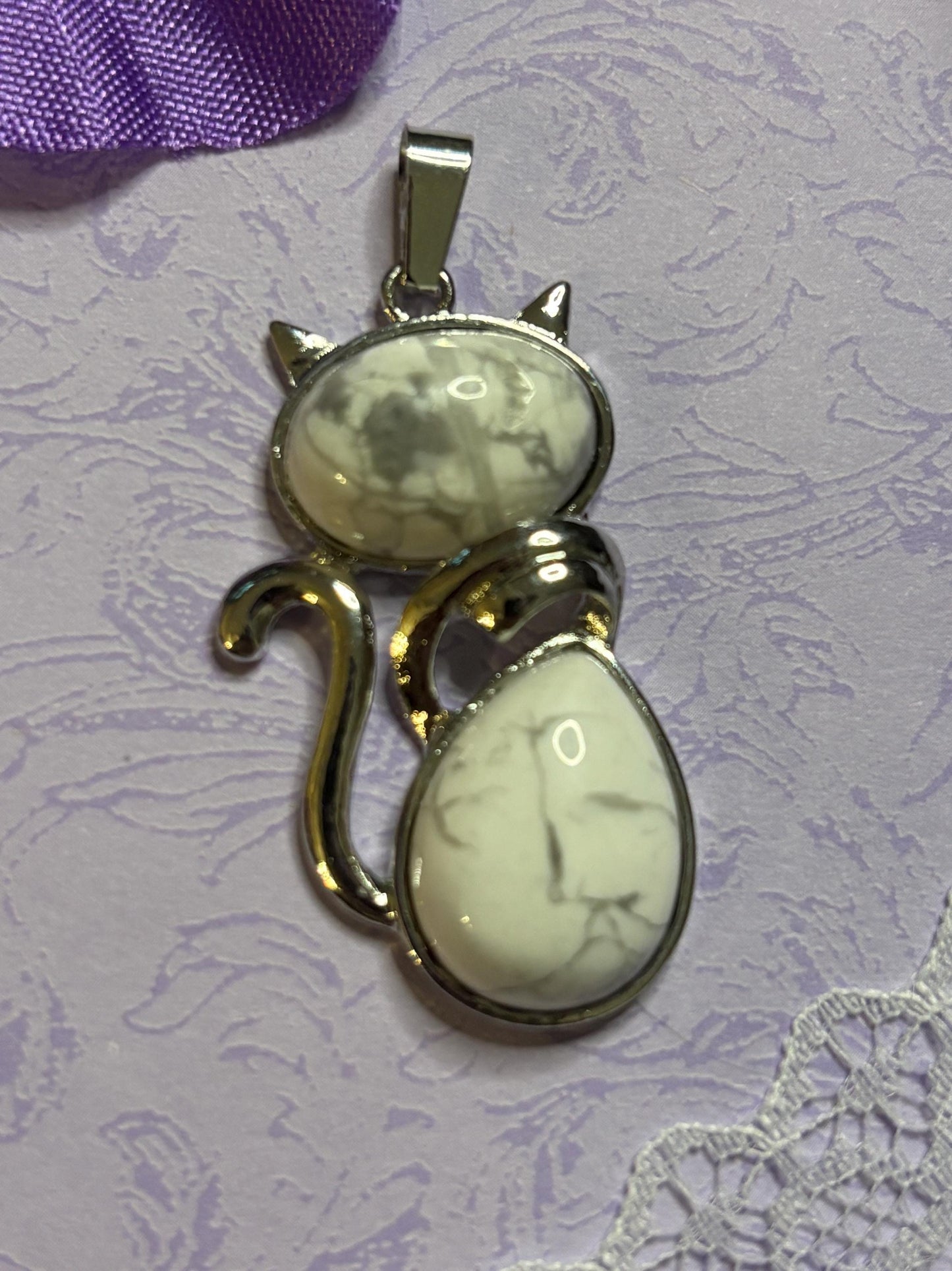 Statement Silver Cat Pendant on 18 Inch Black Cord with Cabochon Options Tiger Eye Rose Amethyst White Green Striped and More