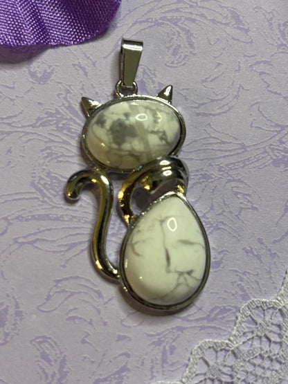 Statement Silver Cat Pendant on 18 Inch Black Cord with Cabochon Options Tiger Eye Rose Amethyst White Green Striped and More