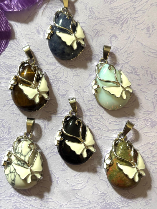 White Butterfly Pendants Natural Stone Necklace Silver Snake Chain Enamel Jewelry with Silver Plated Accents Gift for Nature Lovers