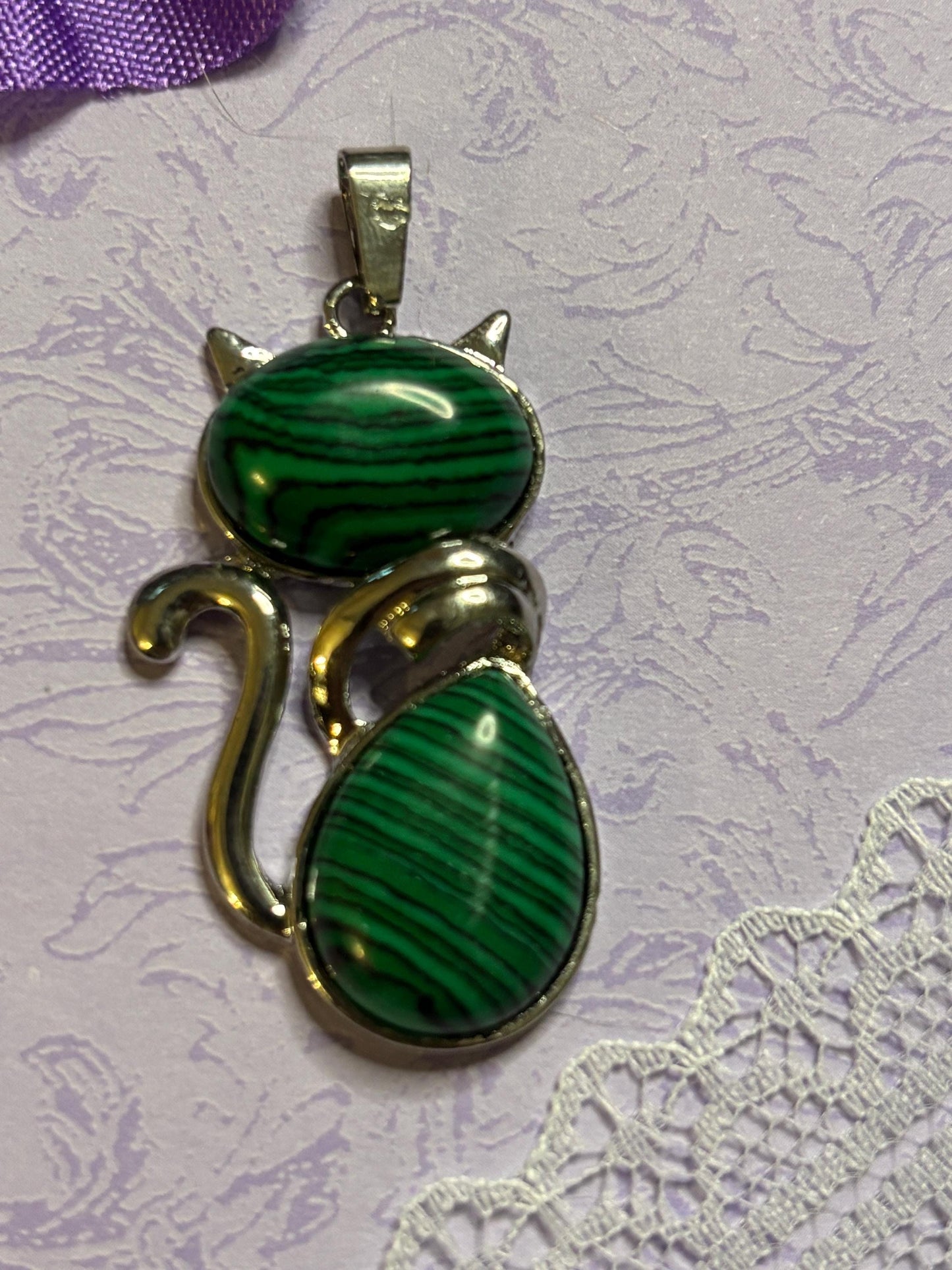 Statement Silver Cat Pendant on 18 Inch Black Cord with Cabochon Options Tiger Eye Rose Amethyst White Green Striped and More