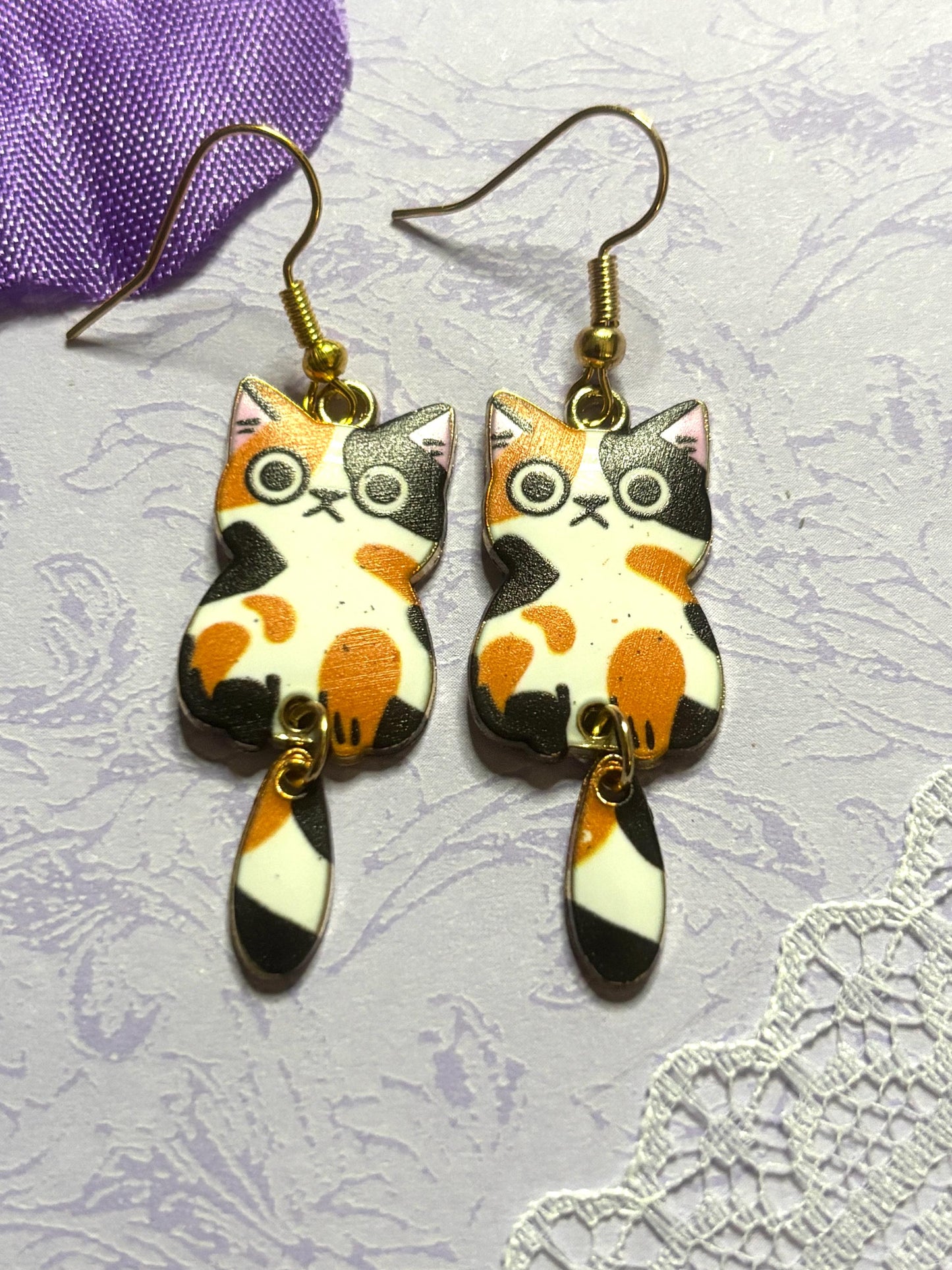 Dangly Tail Cat Earrings Enamel Cat Jewelry with Gold Plating Lightweight Hypoallergenic Hooks Cute Cat Lover Gift in Multiple Colors