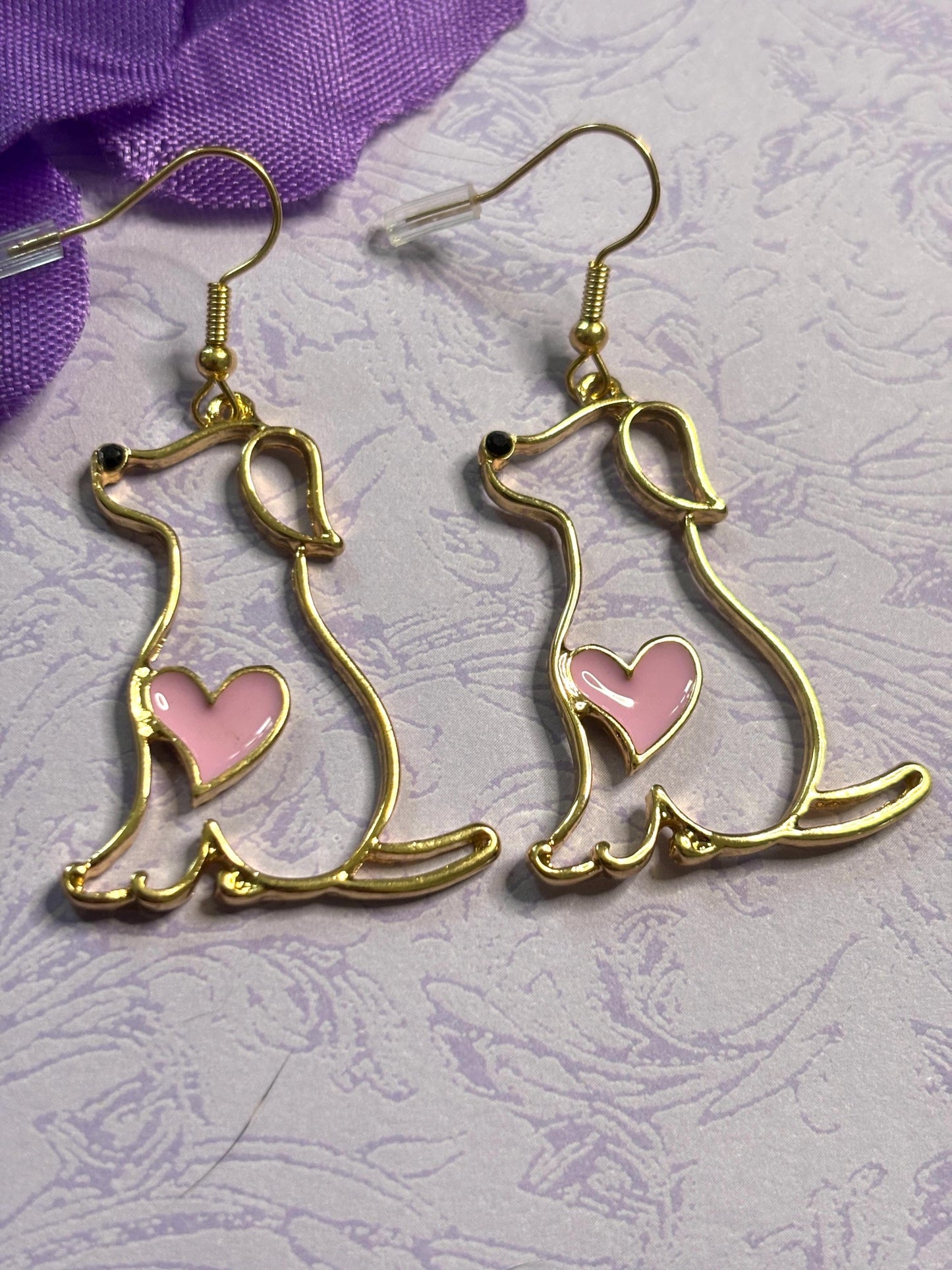 Minimalist Style Dog Earrings with Pink Heart Detail Vivid Enamel Gold Plated Backs and Hypoallergenic Hooks for Pet Lovers