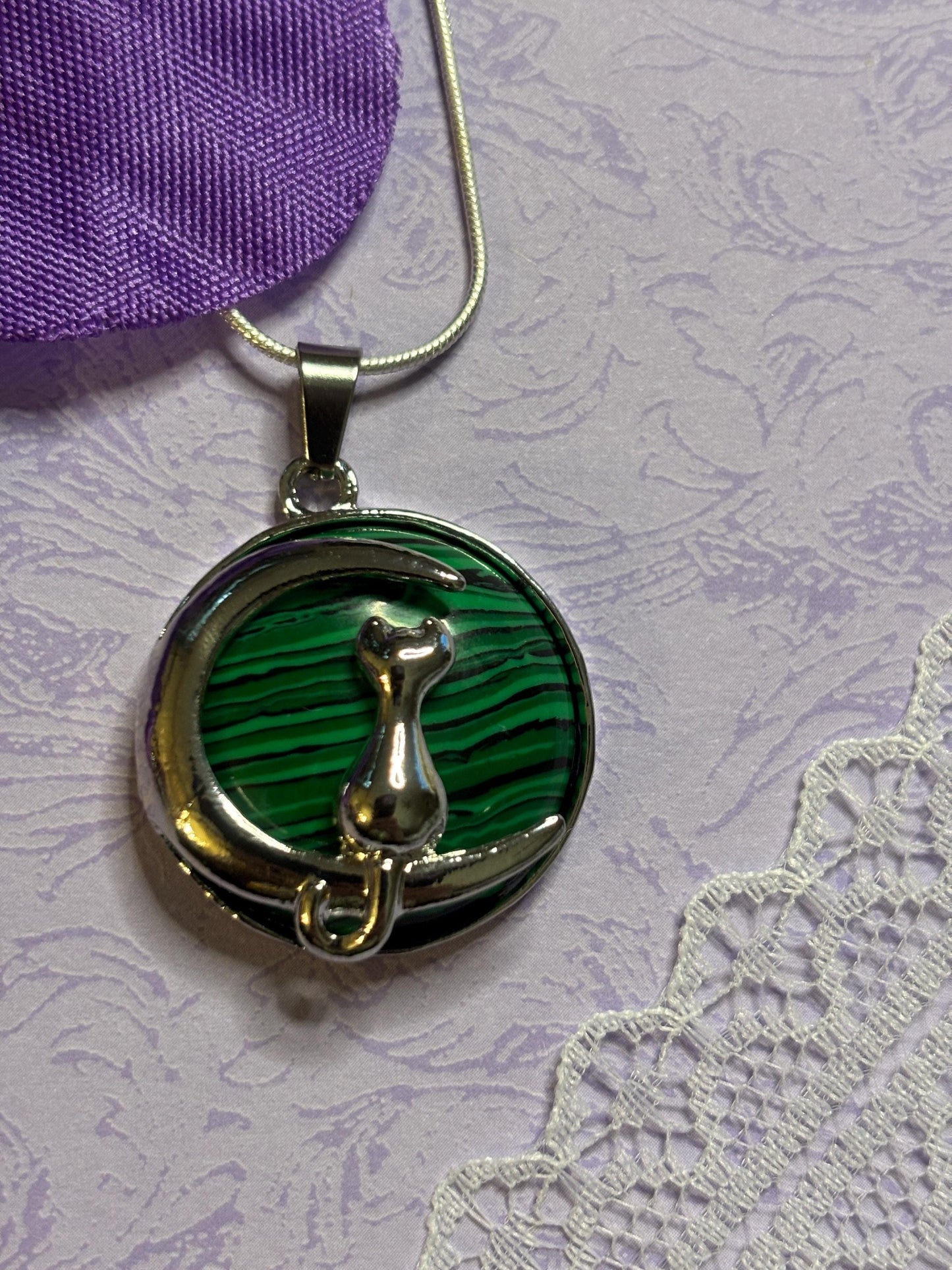 Silver Cat and Moon Pendant on 18 Inch 925 Silver Chain Cabochon Jewelry with Black Green Rose Moonstone Tiger Eye and More