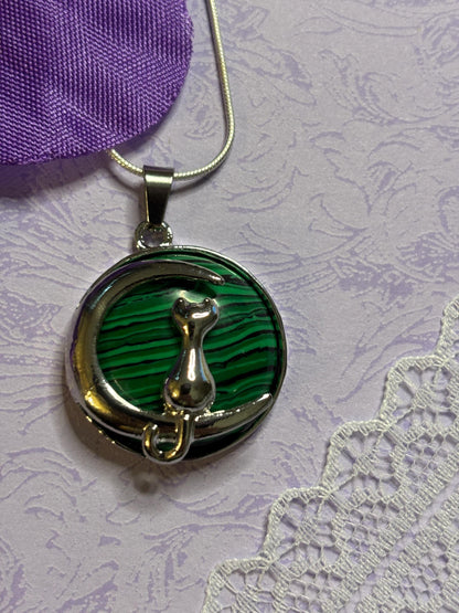Silver Cat and Moon Pendant on 18 Inch 925 Silver Chain Cabochon Jewelry with Black Green Rose Moonstone Tiger Eye and More