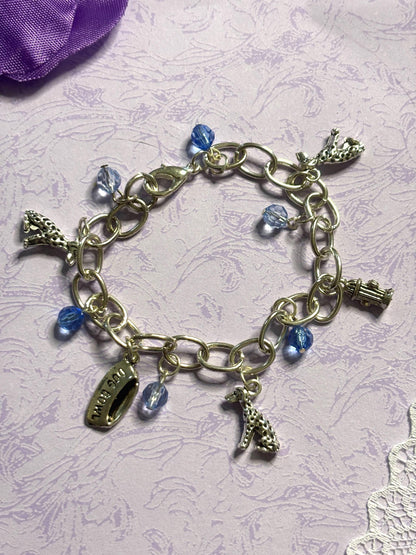 Silver Dalmatian Charm Bracelet Dog Lover Jewelry with 3D Charms Fire Hydrant Dog Bowl and Blue Beads on Silver Plated Chain