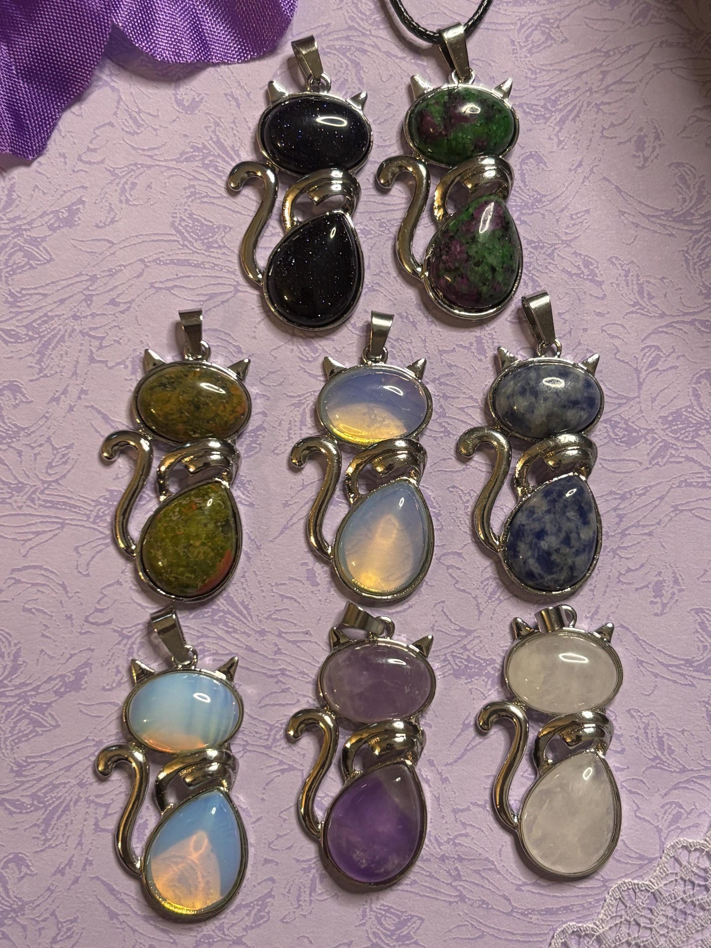 Statement Silver Cat Pendant on 18 Inch Black Cord with Cabochon Options Amethyst Moonstone Moss Green Variegated Blue and More