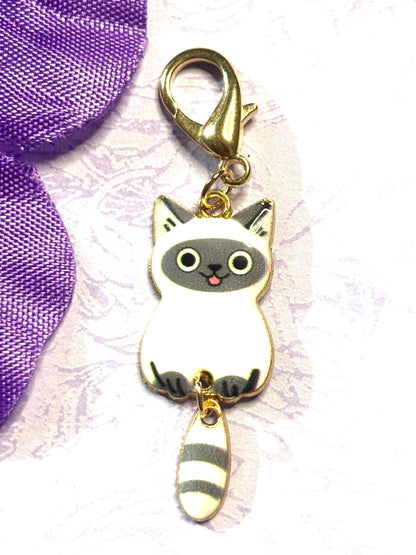 Dangly Tail Cat Purse Charm Bag Charm Bookbag Charm Zipper Pull with Gold Plated Back and Lobster Claw Clasp in Six Fun Cat Colors